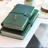 A dark green handcrafted leather refillable journal lying on a light surface next to paper and a wooden slice.