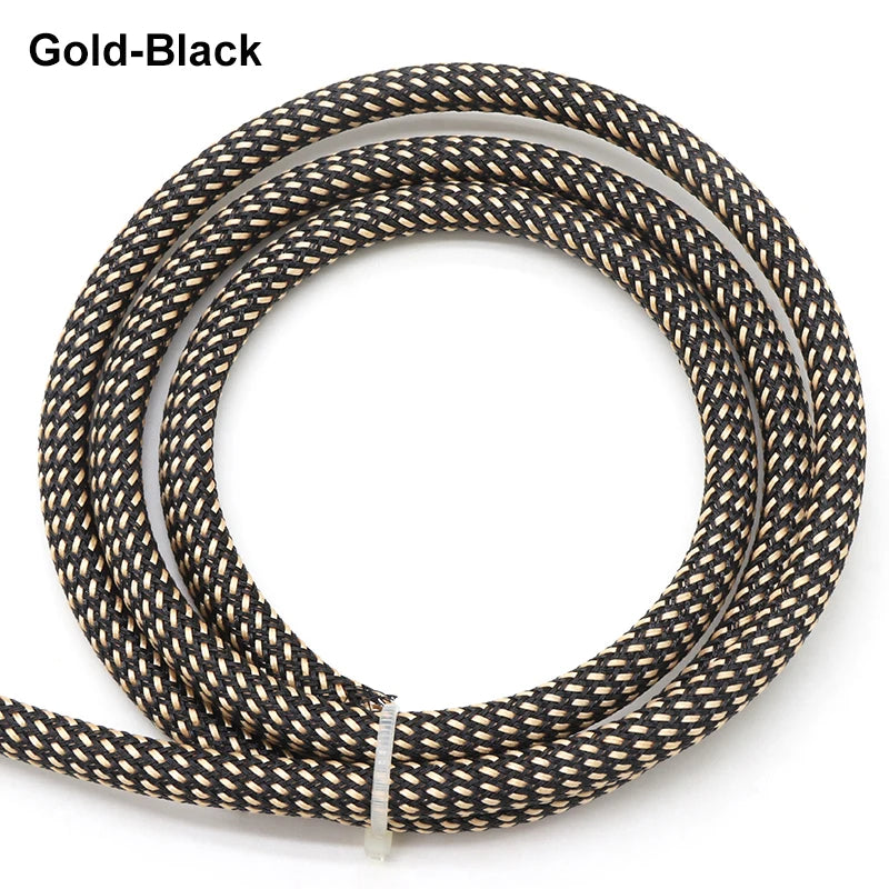 Gold-Black braided cable sleeve for flexible wire protection