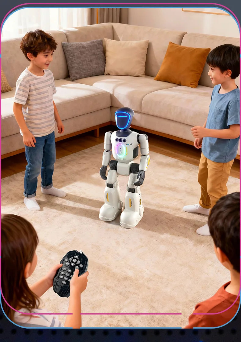 A child interacts with an interactive gesture-control robot while other children watch.