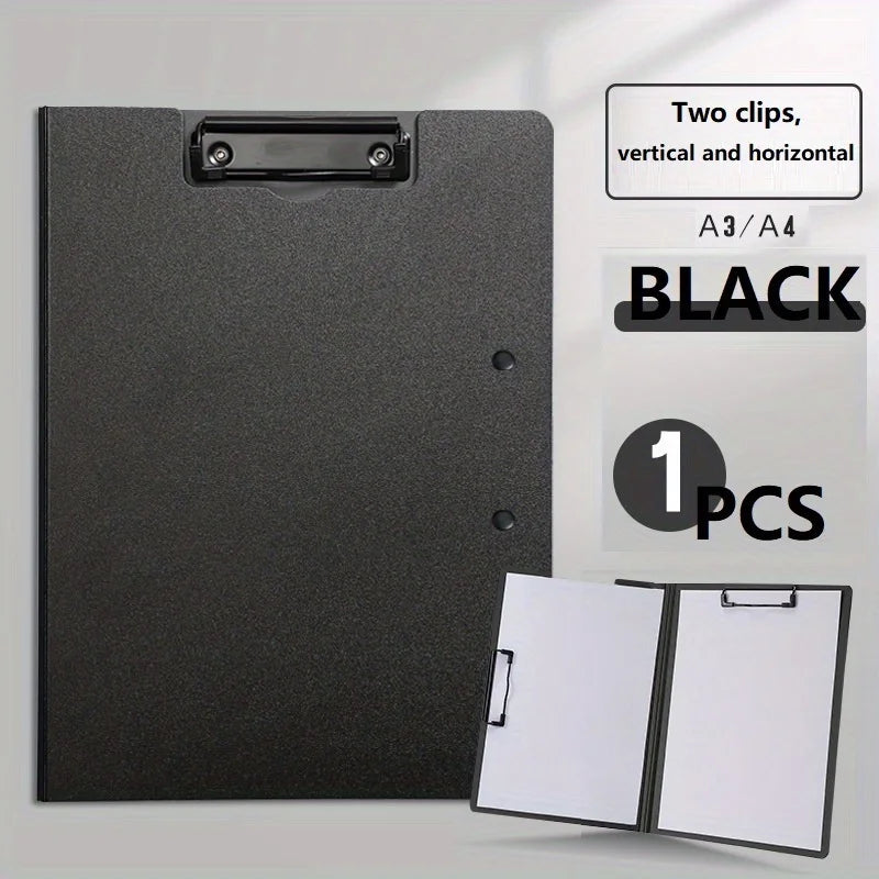 A black A3/A4 clip folder with a protective cover shown next to an open folder.