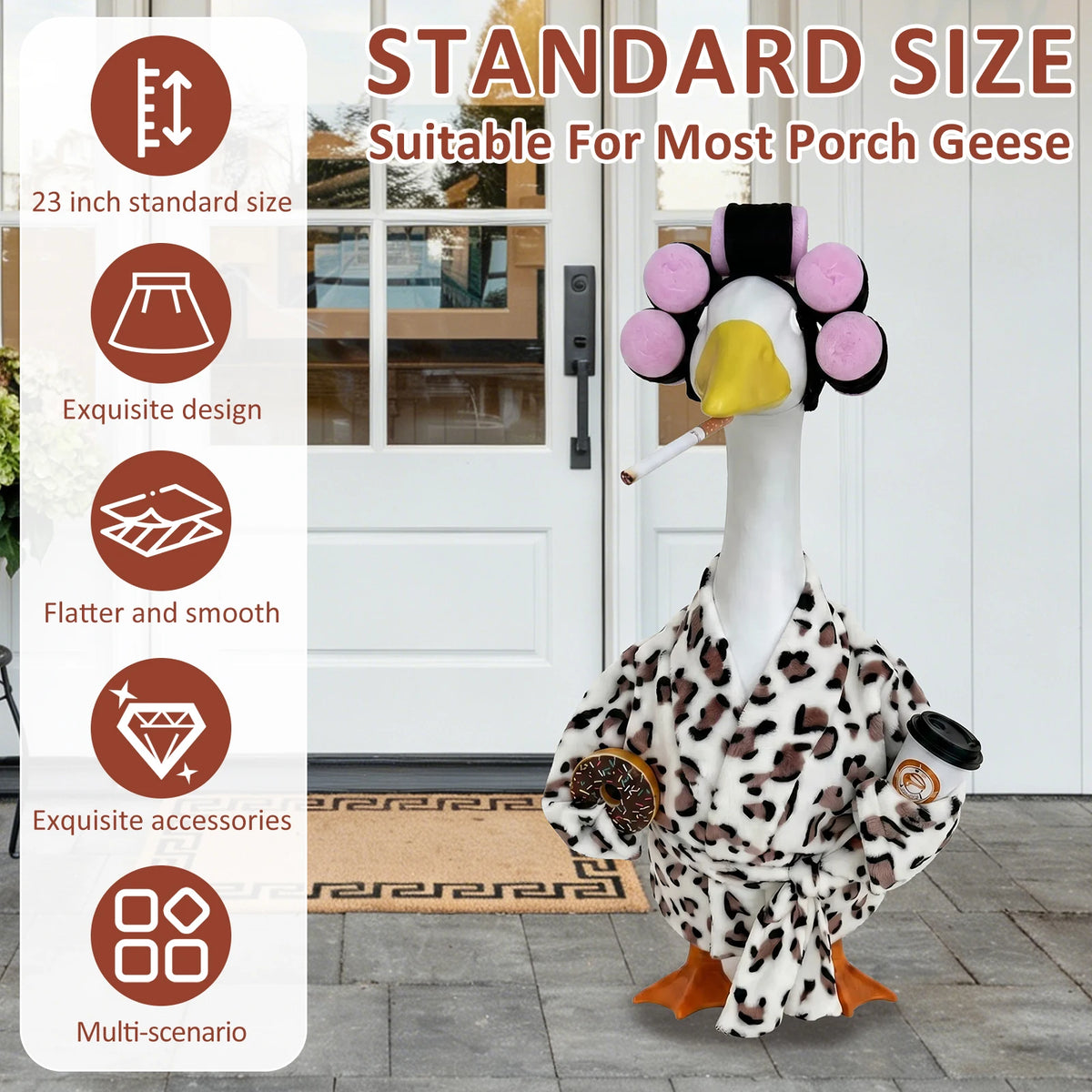 A white porcelain porch goose figure with pink and yellow accents, wearing a leopard print robe and accessories.