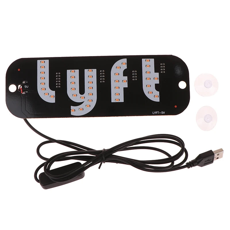 Black LED taxi sign with the letters LYFT-SV and a power cord and disc.