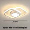 Square white tri color dimming LED ceiling light fixture with a modern, curved design.