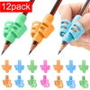 A set of 12 ergonomic pencil grip trainers in various colors and designs for posture correction.
