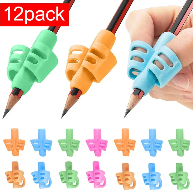 A set of 12 ergonomic pencil grip trainers in various colors and designs for posture correction.