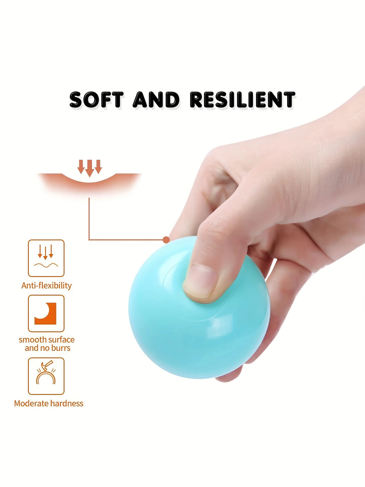 A hand is holding a smooth, light blue, resilient ball pit sphere, demonstrating its soft and resilient properties.