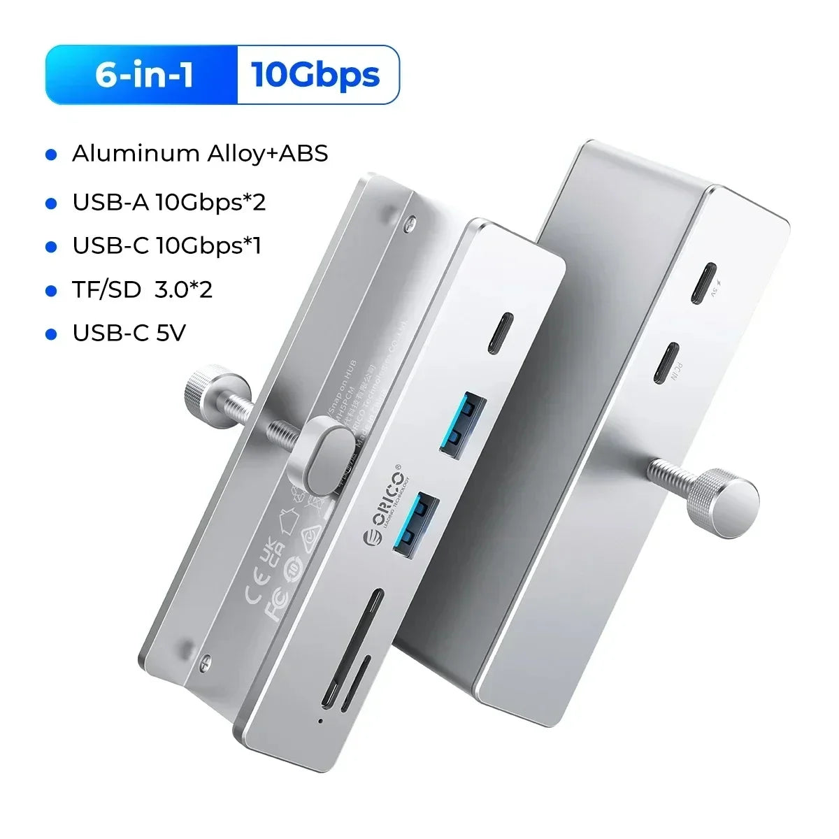 Aluminum USB 3.0 Hub with Clamp Mount for Desktops and Laptops