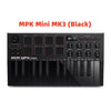 Black AKAI MPK Mini MK3 professional MIDI keyboard controller with keys, pads, and knobs.