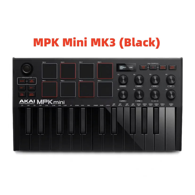 Black AKAI MPK Mini MK3 professional MIDI keyboard controller with keys, pads, and knobs.