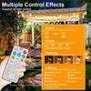 A hand holds a remote control for solar string lights, demonstrating multiple control effects like switching, timing, dimming