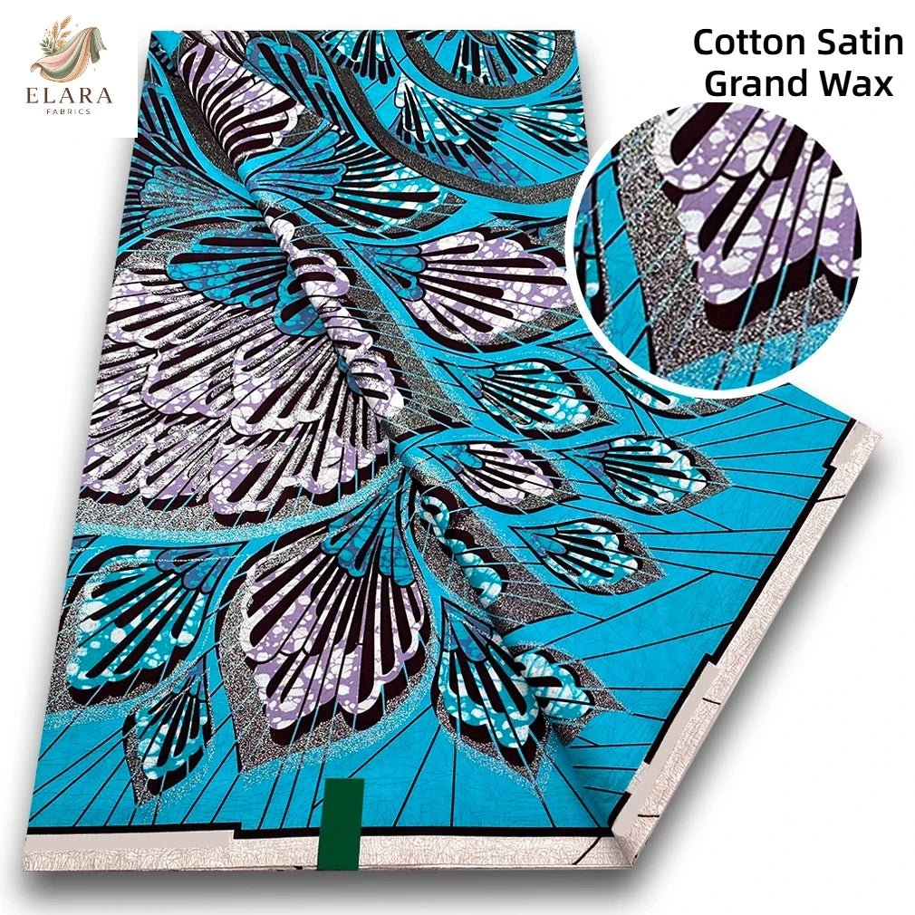 Cotton Satin Grand Wax fabric featuring a vibrant blue and purple floral pattern.