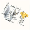 Silver aluminum alloy sliding window lock with a hex key and various dimension markings.