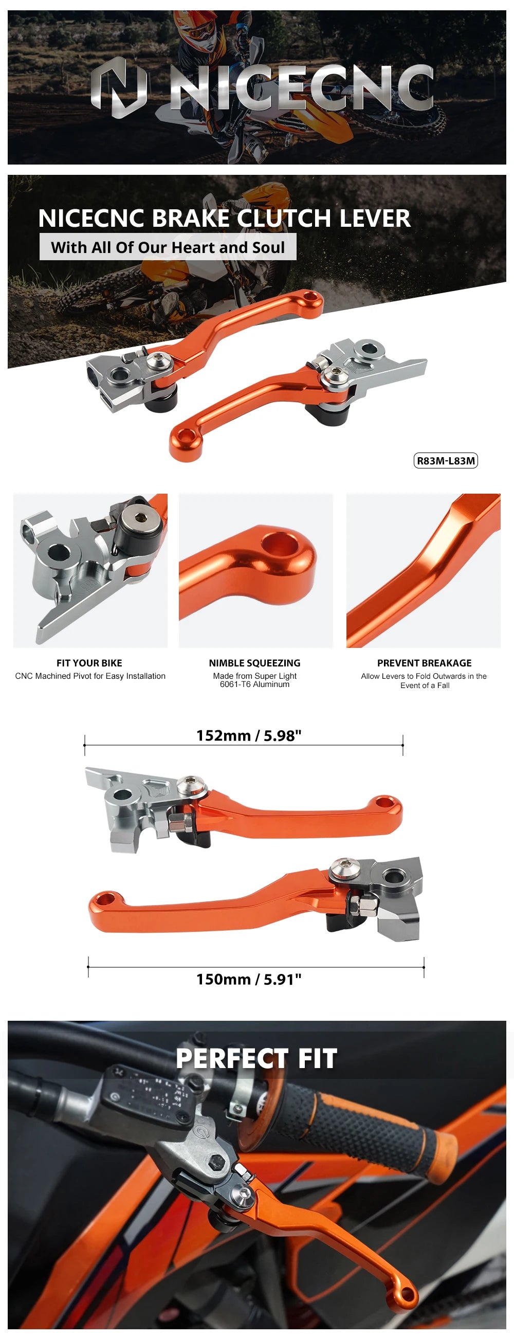 CNC aluminum brake and clutch lever set in orange and silver colors for dirt bikes