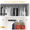 Before and after comparison showing a space-saving metal pant hanger used for clothes.