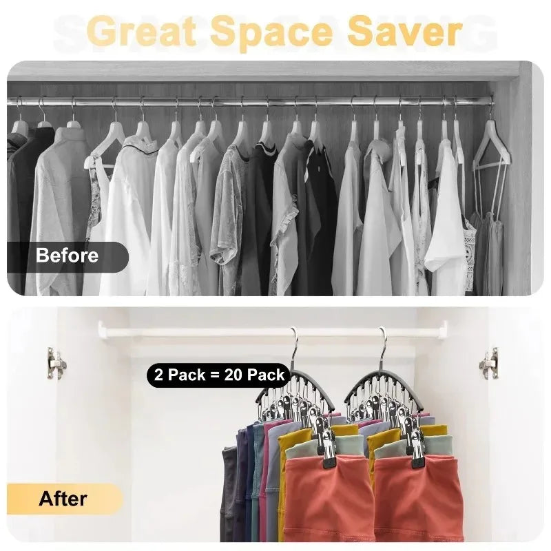 Before and after comparison showing a space-saving metal pant hanger used for clothes.