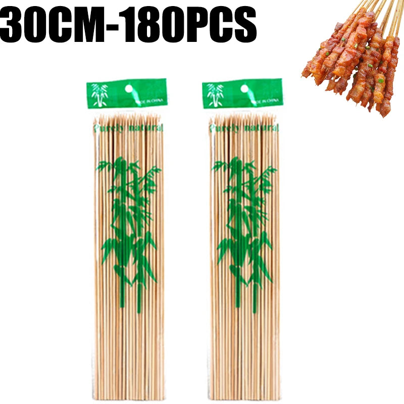 A set of natural bamboo skewers, 30cm to 180pcs, packaged for BBQ and grilling.