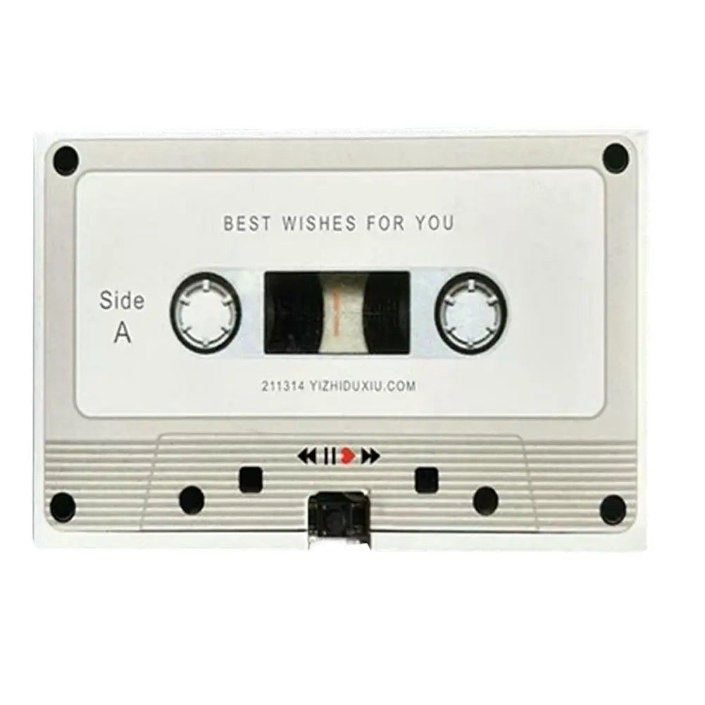 A white retro cassette voice greeting card with two circular buttons and a slot for a cassette tape.