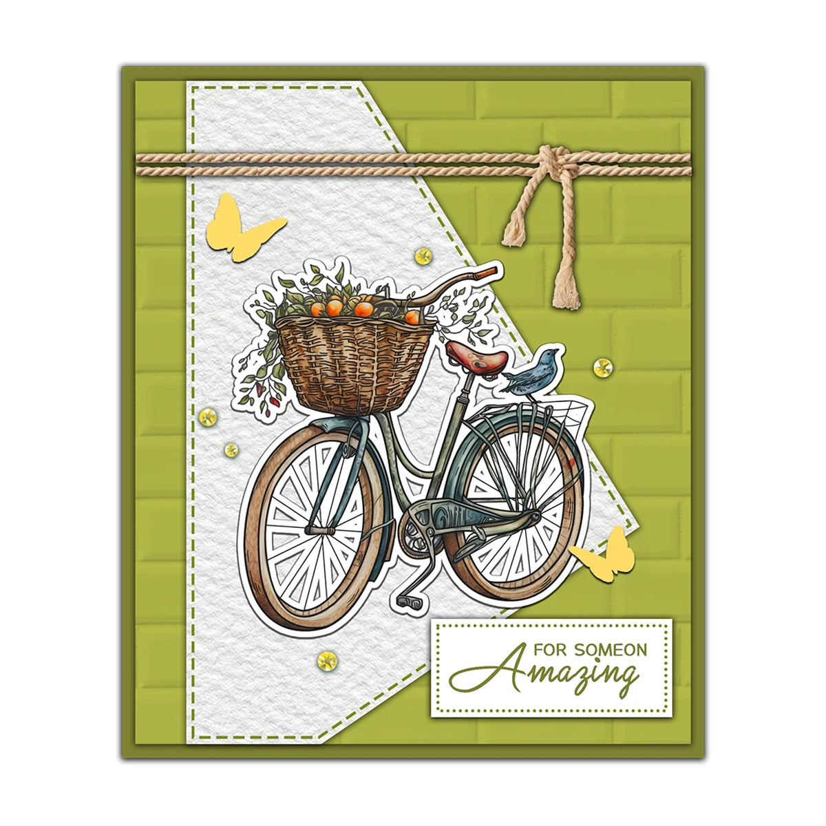 A vintage bicycle with flowers and oranges is depicted on a green background, suitable for card making.