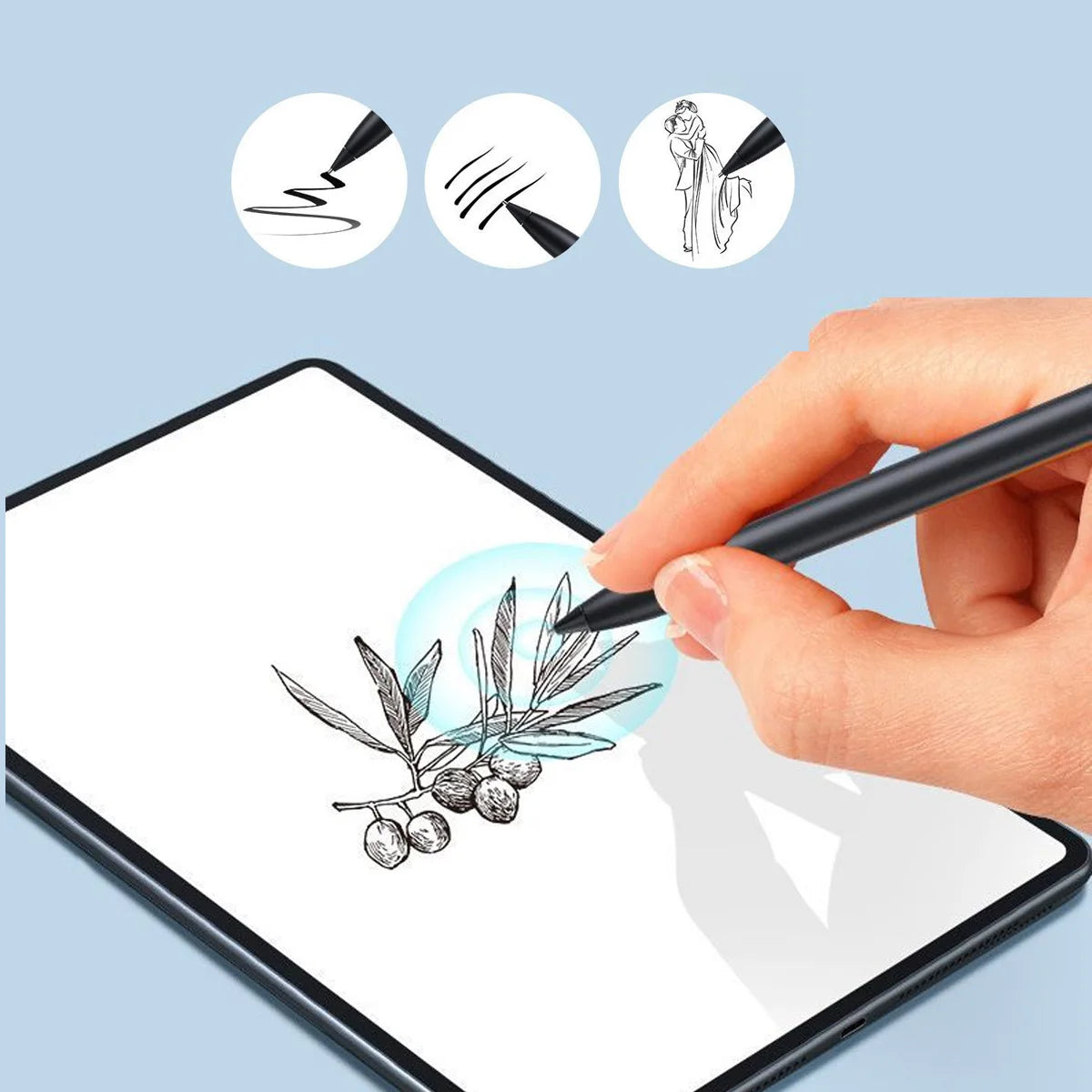 A hand holds a pen drawing on a tablet screen, demonstrating replacement pen tips for Huawei Magic Pencil devices.