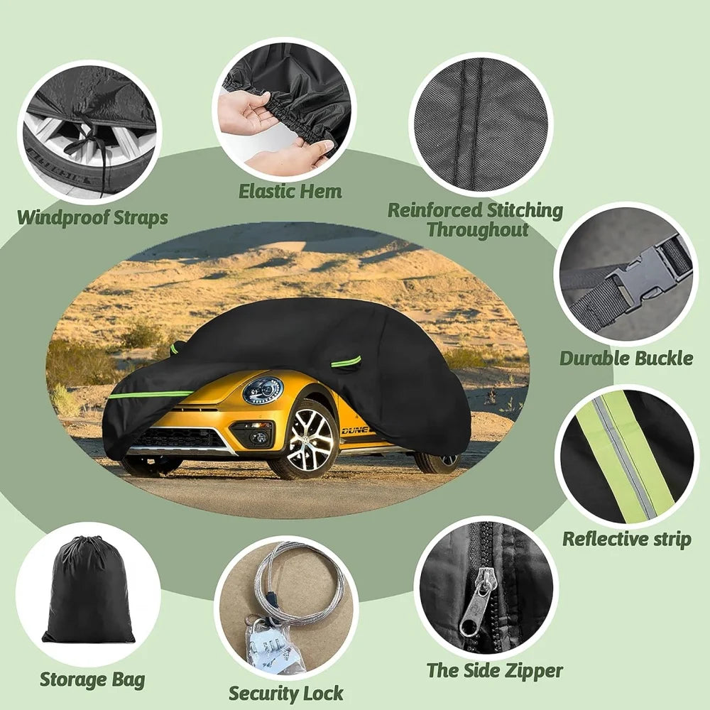 A black waterproof custom-fit car cover for a VW New Beetle, showing various features like reinforced stitching and durable b