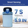 A light blue automatic touchless trash can with a sensor, demonstrating smart sensing features.