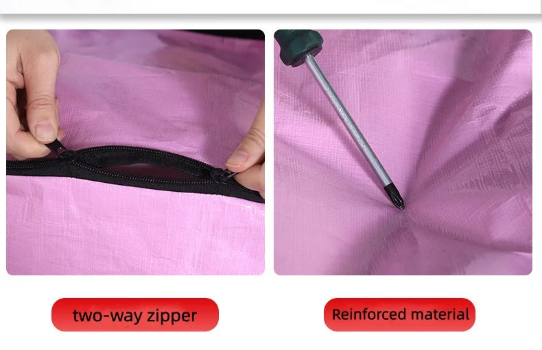 Close-up view of a black two-way zipper and reinforced material on a pink fabric bag.