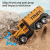 A yellow truck toy is shown impacting sand, demonstrating alloy front end anti-drop and impact resistance.