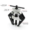 A two-arm puller tool with an adjustable length top rod and a rotatable paw opening for alternator and bearing removal.