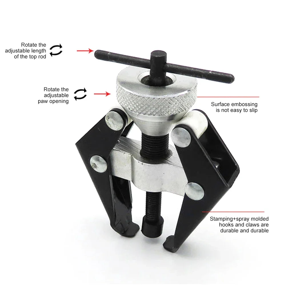 A two-arm puller tool with an adjustable length top rod and a rotatable paw opening for alternator and bearing removal.