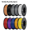 A set of ten 10 KG PLA filament spools in various colors including black, gray, white, red, purple, blue, orange, and yellow.