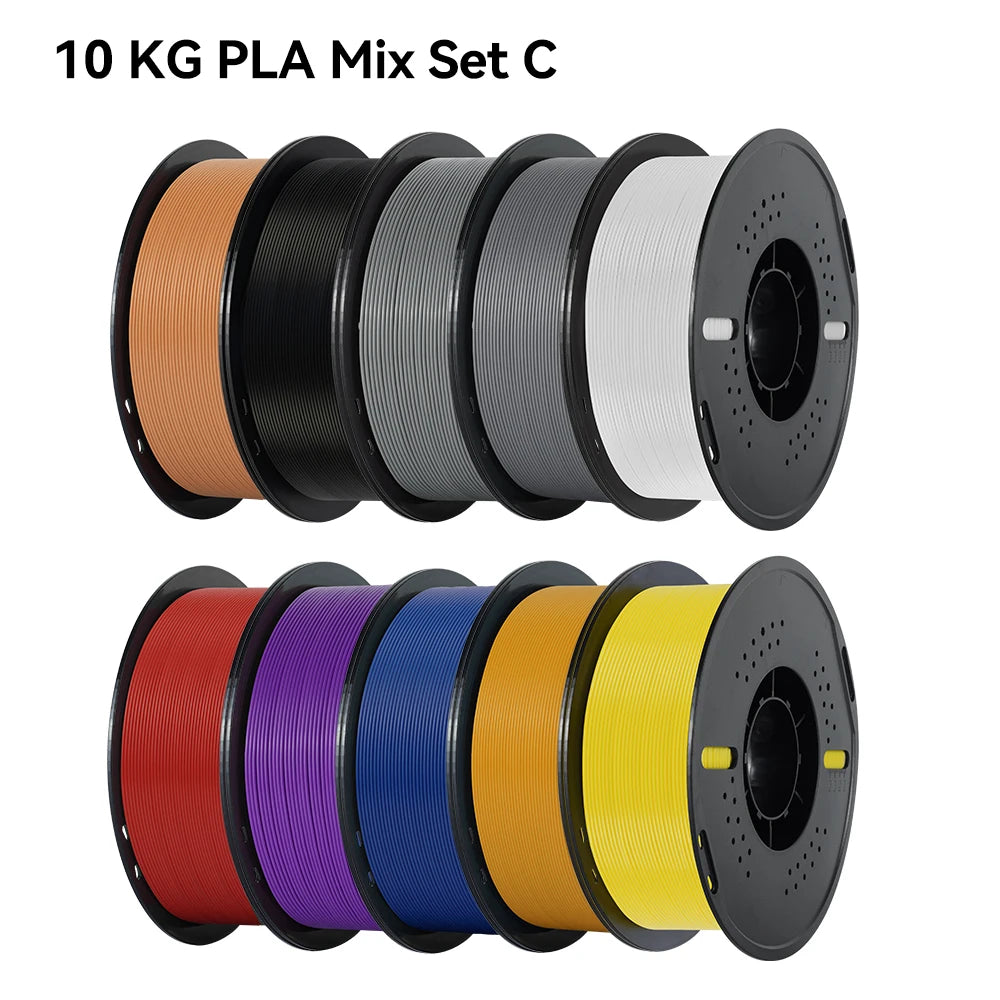 A set of ten 10 KG PLA filament spools in various colors including black, gray, white, red, purple, blue, orange, and yellow.