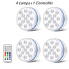 Four submersible LED pool lights and one controller for underwater lighting.
