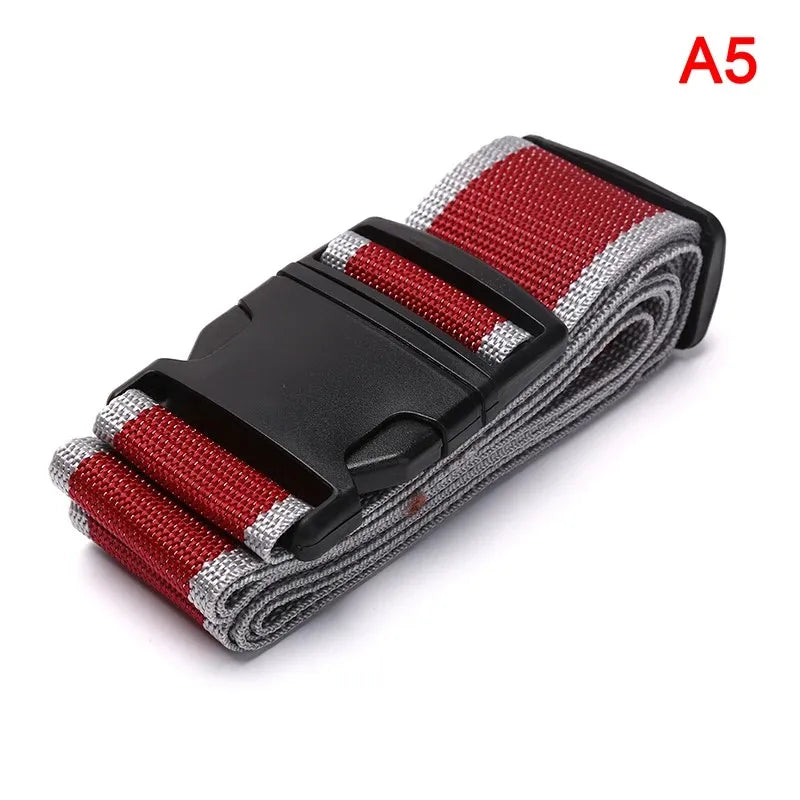 A close-up view of adjustable polyester luggage straps featuring red and gray stripes on a black strap.