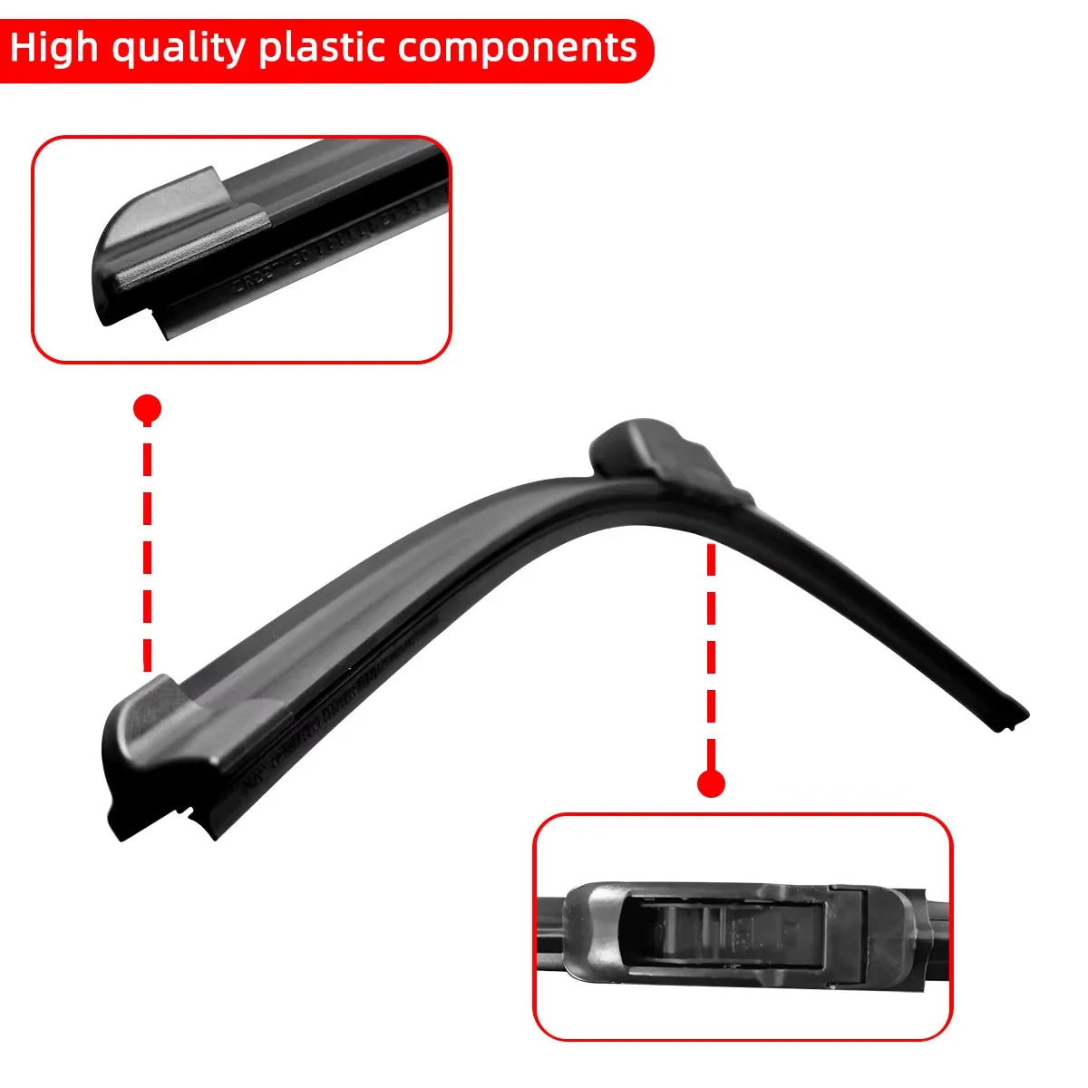 Close-up view of a black plastic windshield wiper blade component for universal frameless fit.