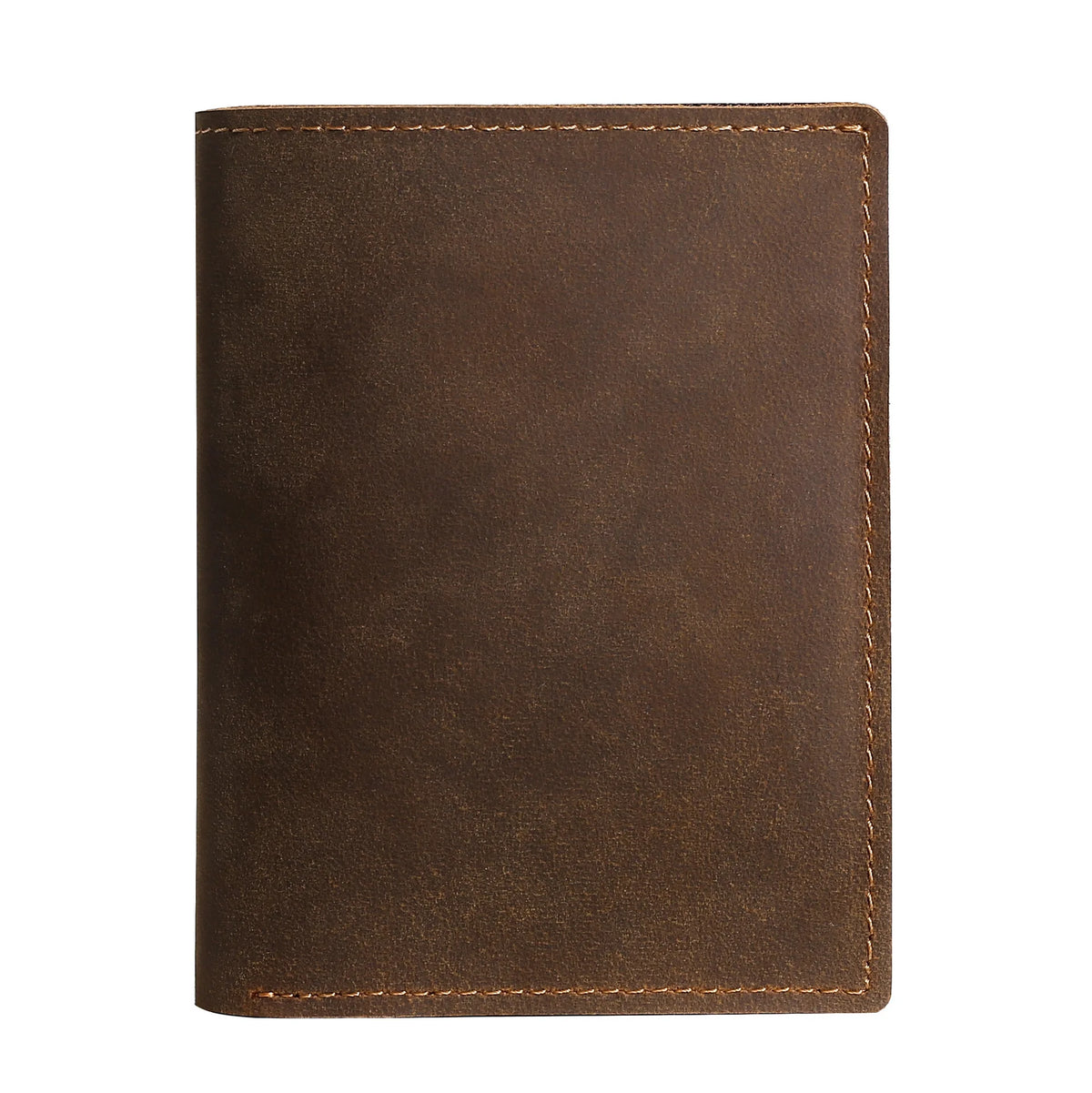 A dark brown vintage crazy horse leather slim RFID-blocking bi-fold wallet.