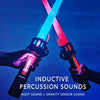 Hands hold glowing musical toy swords with telescoping blades against a blue background.