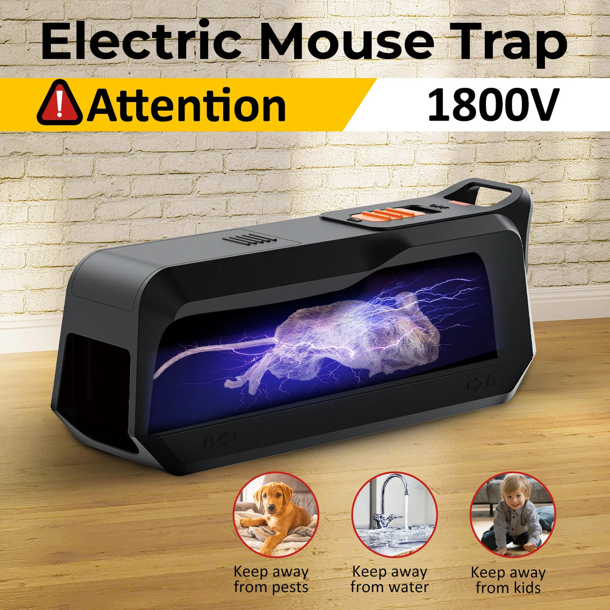 A black electric mouse trap device with a transparent viewing window is shown on a wooden surface.