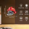 A red firefighter helmet neon sign with a clear visor and various feature icons like safety, dimmable light, and acrylic mate