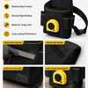 Black wear-resistant tool pouch with a yellow accent and adjustable waist belt shown in various contexts.