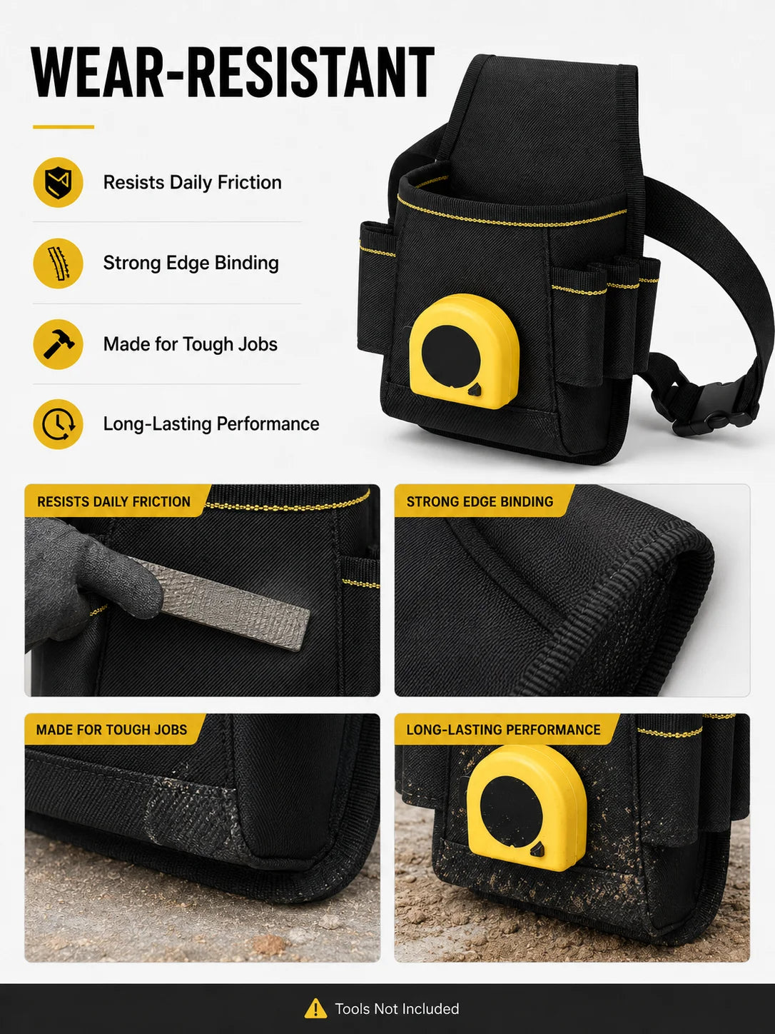 Black wear-resistant tool pouch with a yellow accent and adjustable waist belt shown in various contexts.