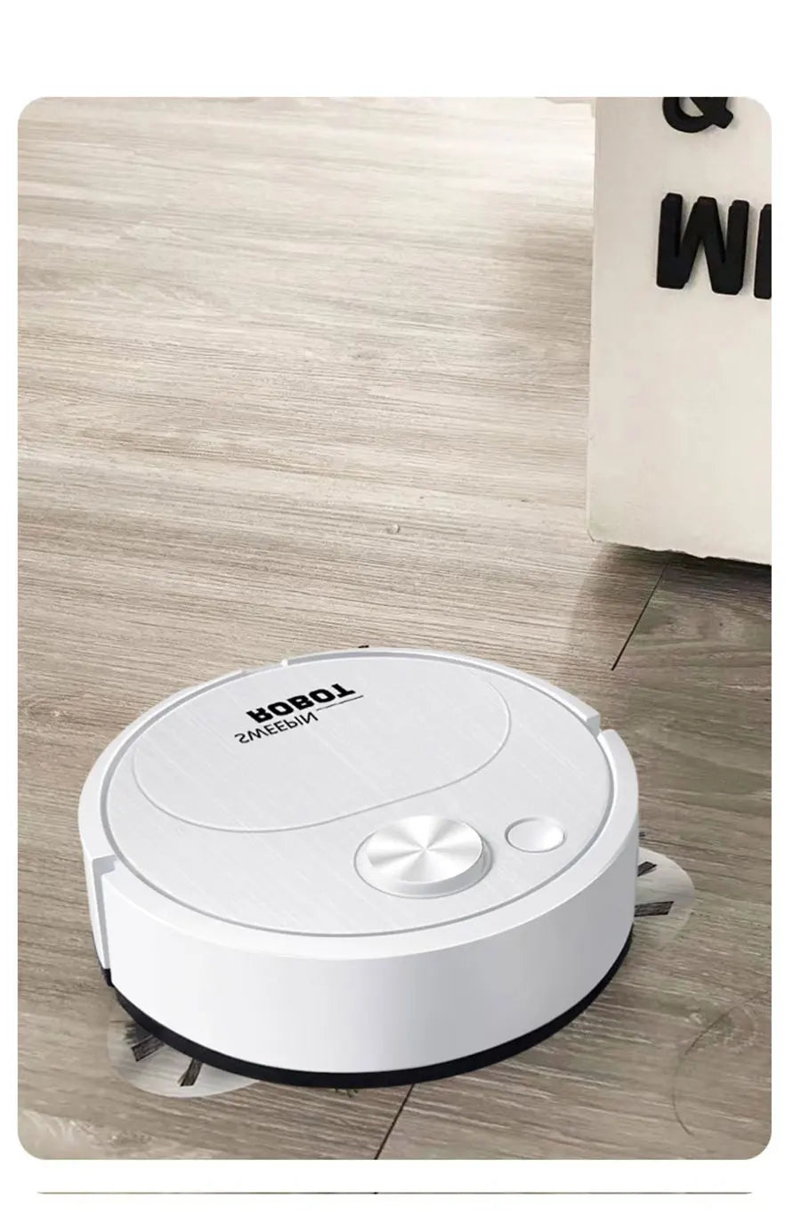 A white 3-in-1 smart robot vacuum cleaner is shown on a wooden floor.