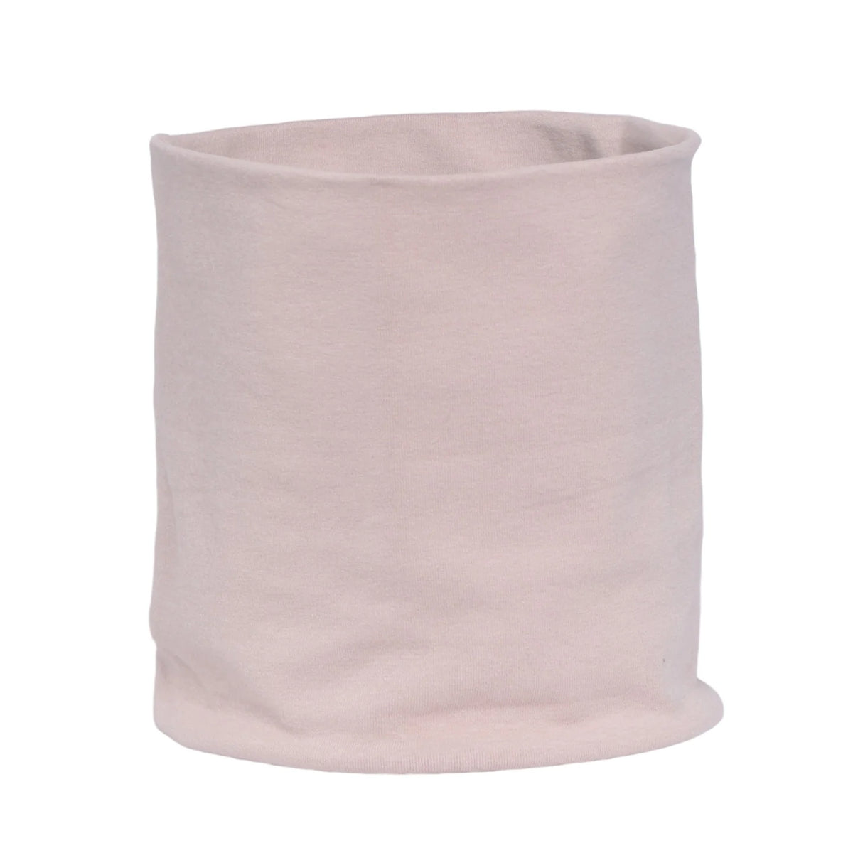 A light pink, knitted neck warmer or scarf made of a cozy cotton blend fabric.