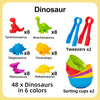 A set of 48 dinosaur toys in 6 colors and 2 sorting cups for toddlers
