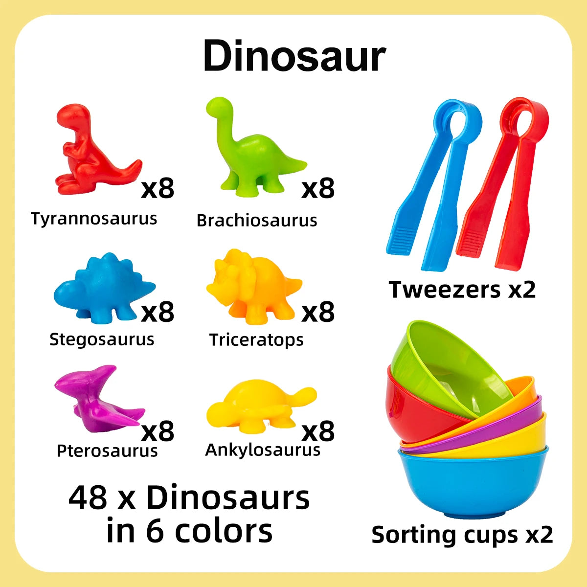 A set of 48 dinosaur toys in 6 colors and 2 sorting cups for toddlers