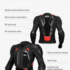 Black motocross armor jacket featuring buckle fixation, elastic bands, PE foam pad, and PP protective shell.