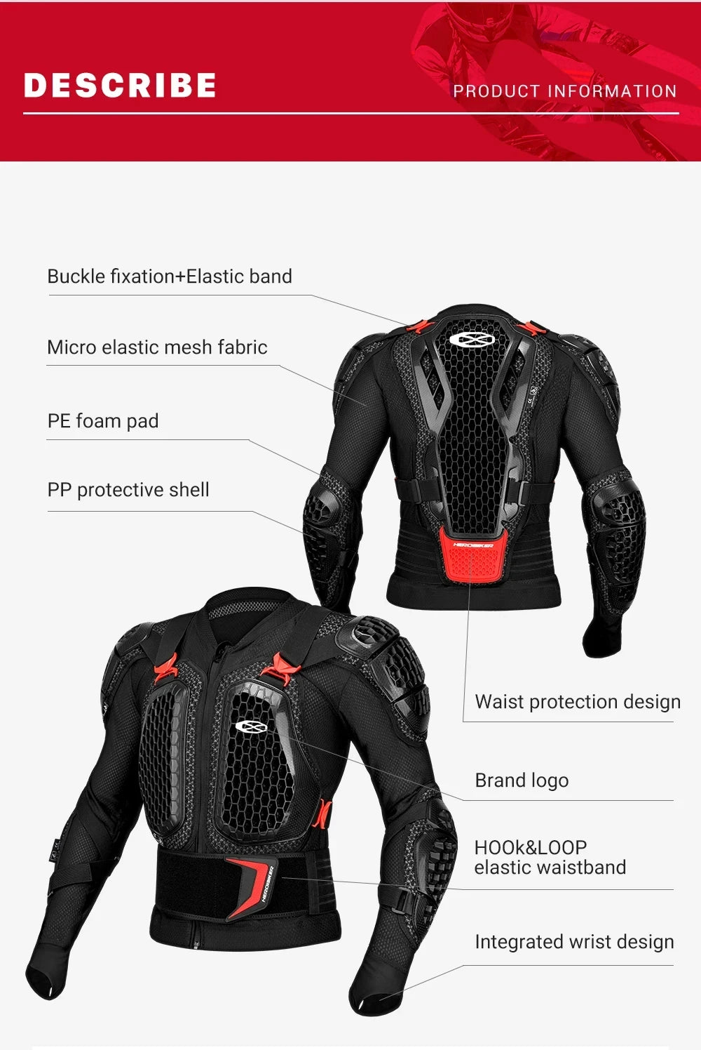 Black motocross armor jacket featuring buckle fixation, elastic bands, PE foam pad, and PP protective shell.