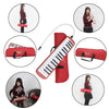 A red 32-key melodica instrument with a carrying case and mouthpieces shown in various contexts.
