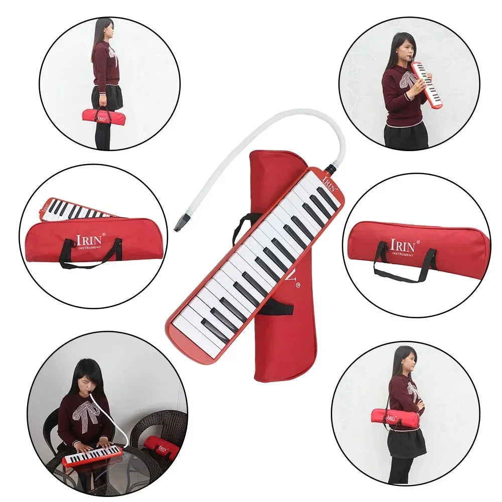 A red 32-key melodica instrument with a carrying case and mouthpieces shown in various contexts.