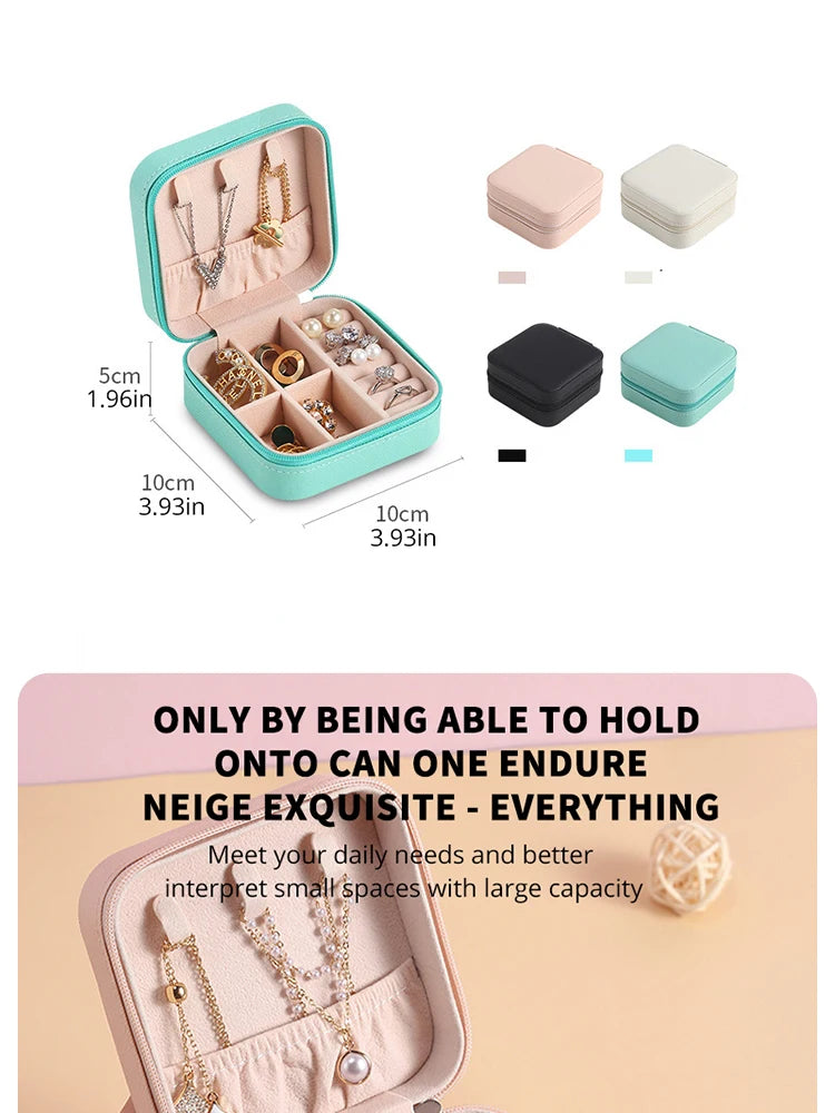 A set of light green PU leather jewelry storage boxes in various sizes and colors for travel and home use.