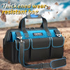 A black and blue thickened wear-resistant bag with multiple pockets shown against a textured background.